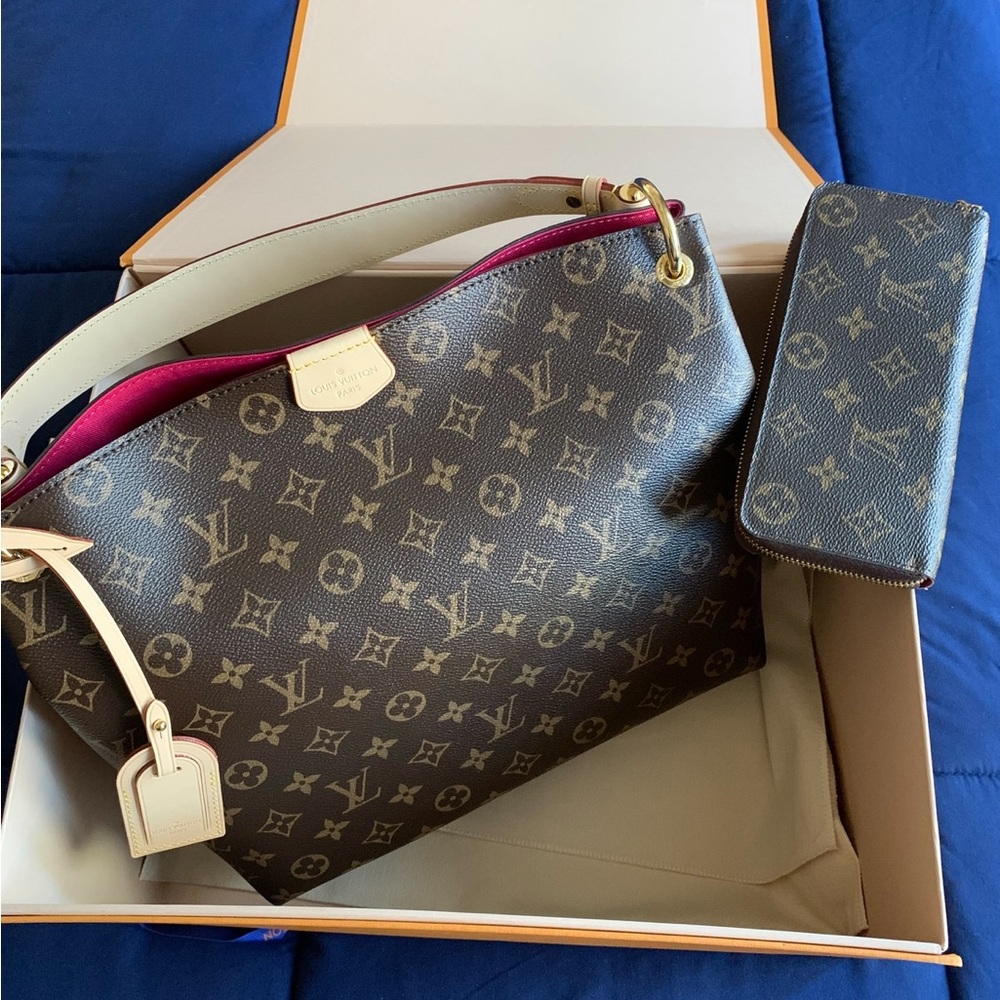 Louis Vuitton Graceful PM Brown Monogram Women's Bag and LV signature wallet.